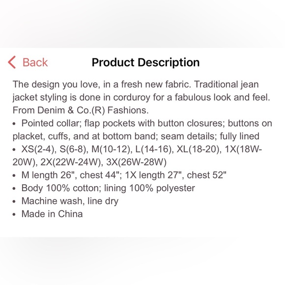 Denim & Co corduroy camel button down jacket women’s 2X NWT - Picture 8 of 8